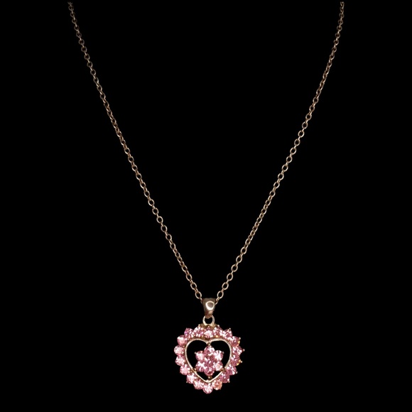 Vintage Pink Rhinestone Encrusted Heart Pendant Necklace - Picture 1 of 7